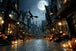 Diamond Painting mit fliegender Hexe vor Vollmond, Fledermäusen und beleuchteter Halloween-Stadt.