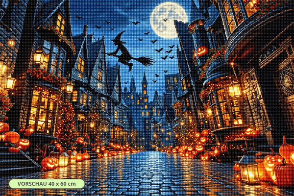 Diamond Painting mit fliegender Hexe vor Vollmond, Fledermäusen und beleuchteter Halloween-Stadt. Mockup.