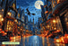 Diamond Painting mit fliegender Hexe vor Vollmond, Fledermäusen und beleuchteter Halloween-Stadt. Mockup.