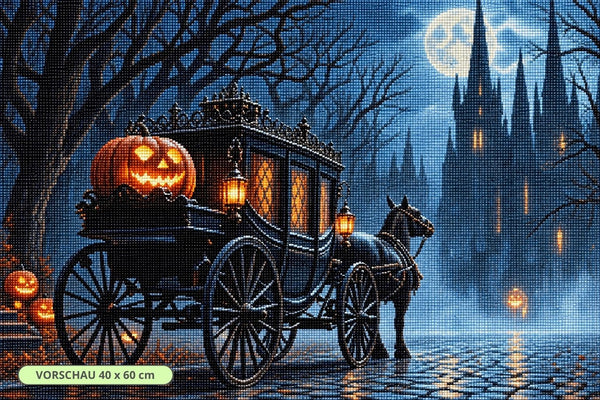 Diamond Painting mit schwarzer Kutsche, Pferd, Kürbis und Laternen im nebligen Wald. Mockup.