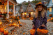 Diamond Painting mit Mädchen im Hexenkleid, Kürbislaternen und Fachwerkhäusern im Herbst.
