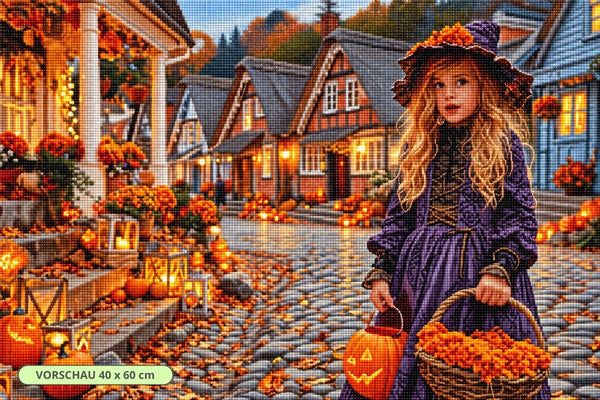 Diamond Painting mit Mädchen im Hexenkleid, Kürbislaternen und Fachwerkhäusern im Herbst. Mockup.