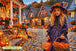 Diamond Painting mit Mädchen im Hexenkleid, Kürbislaternen und Fachwerkhäusern im Herbst. Mockup.
