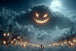 Diamond Painting mit riesigem Kürbisgeist, Vollmond, Wolken und beleuchtetem Halloween-Dorf.