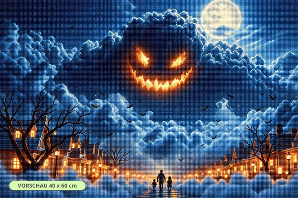 Diamond Painting mit riesigem Kürbisgeist, Vollmond, Wolken und beleuchtetem Halloween-Dorf. Mockup.