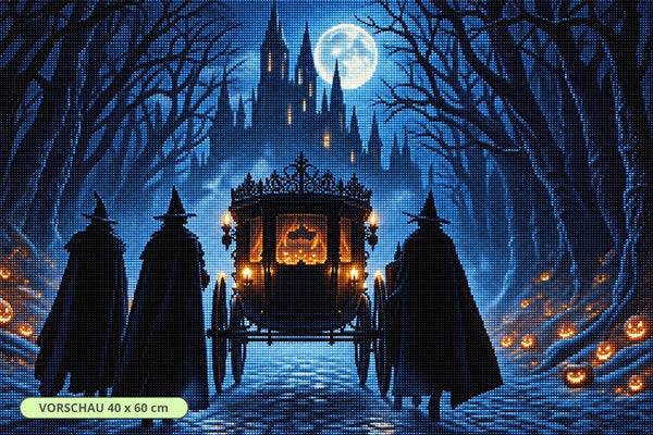 Diamond Painting mit schwarzer Kutsche, drei Hexengestalten, Vollmond und gotischem Schloss im Nebel. Mockup.