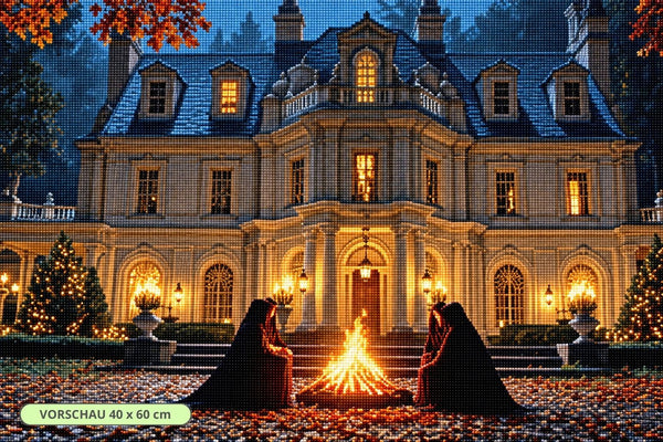 Diamond Painting mit dunkel gekleideten Gestalten an einem Feuer vor einer beleuchteten gotischen Villa. Mockup.