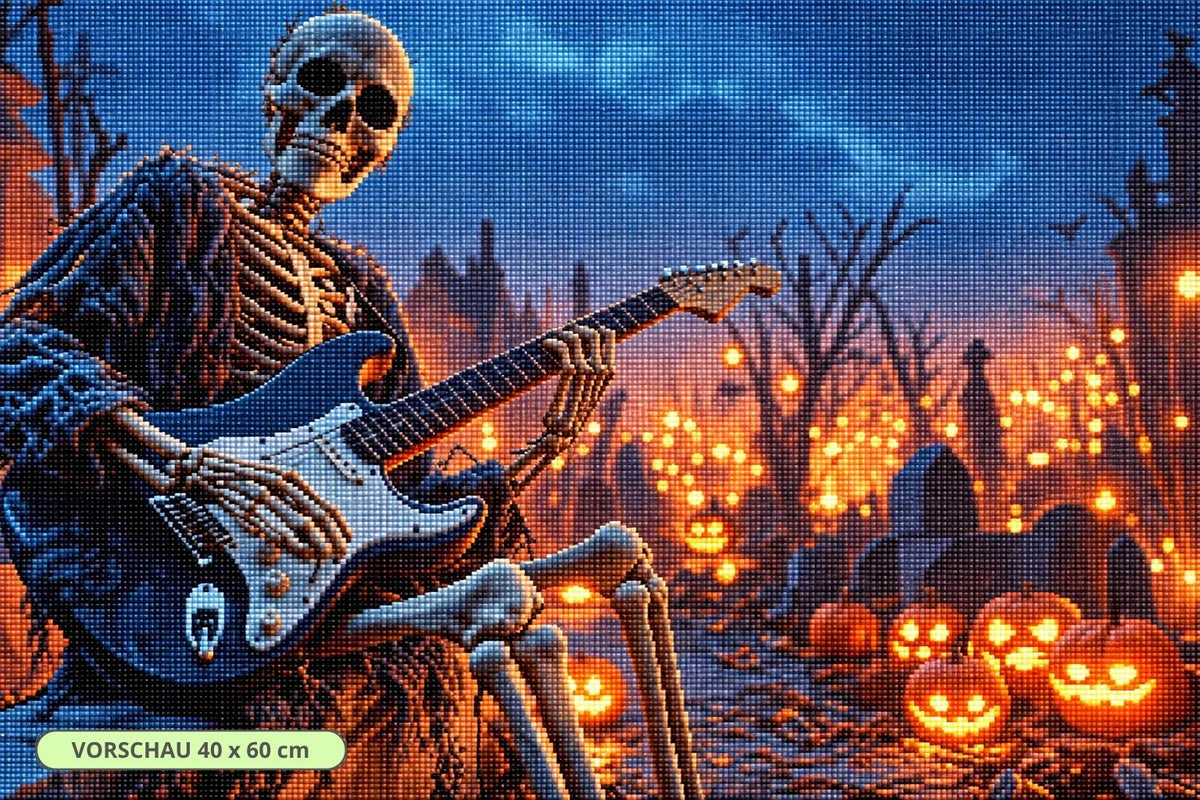 Diamond Painting mit Skelett an einer Gitarre zwischen leuchtenden Kürbissen auf einem Friedhof. Mockup.
