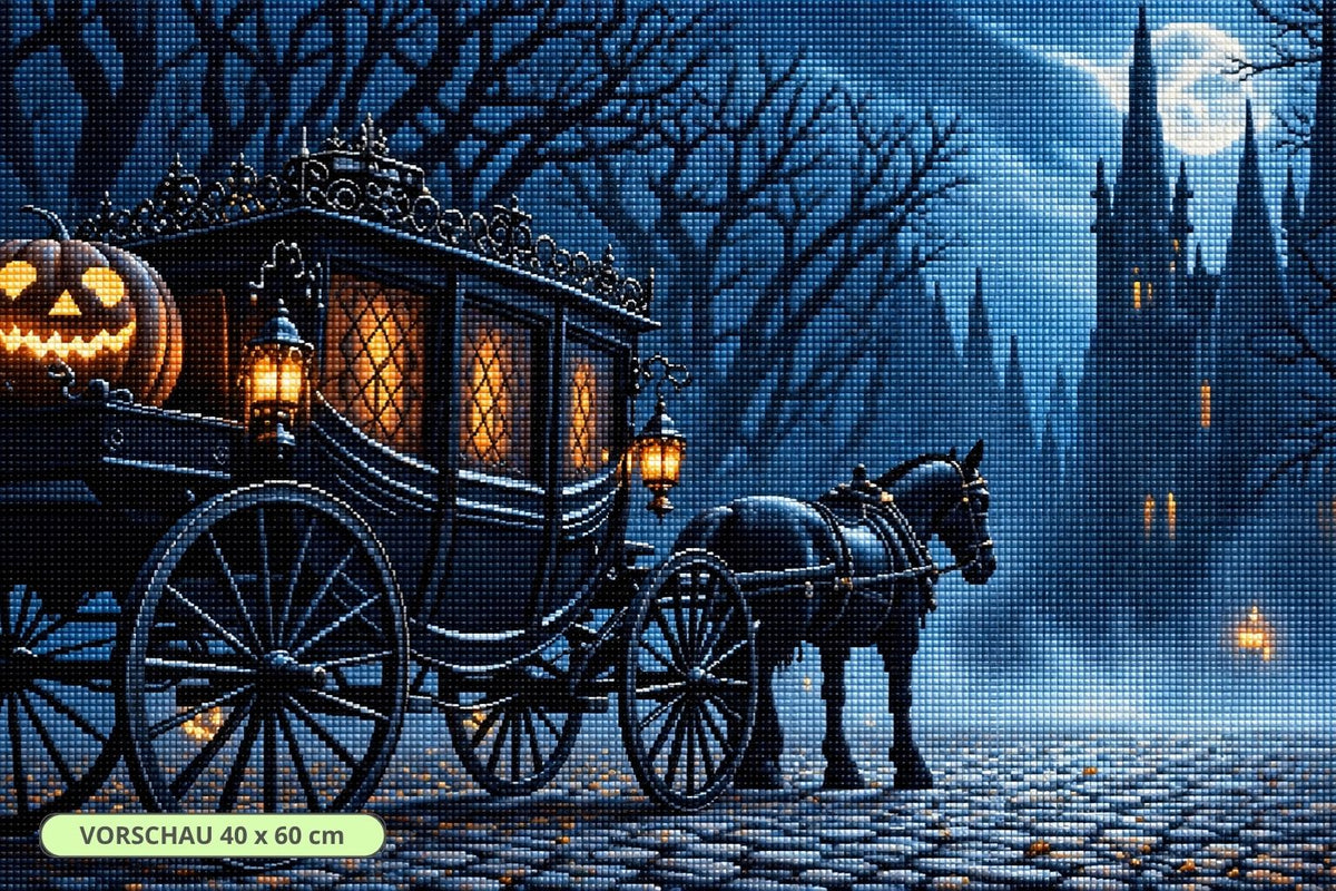 Diamond Painting mit schwarzer Kutsche vor einem gruseligen, gotischen Schloss auf nebliger Kopfsteinpflasterstraße. Mockup.