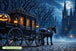 Diamond Painting mit schwarzer Kutsche vor einem gruseligen, gotischen Schloss auf nebliger Kopfsteinpflasterstraße. Mockup.