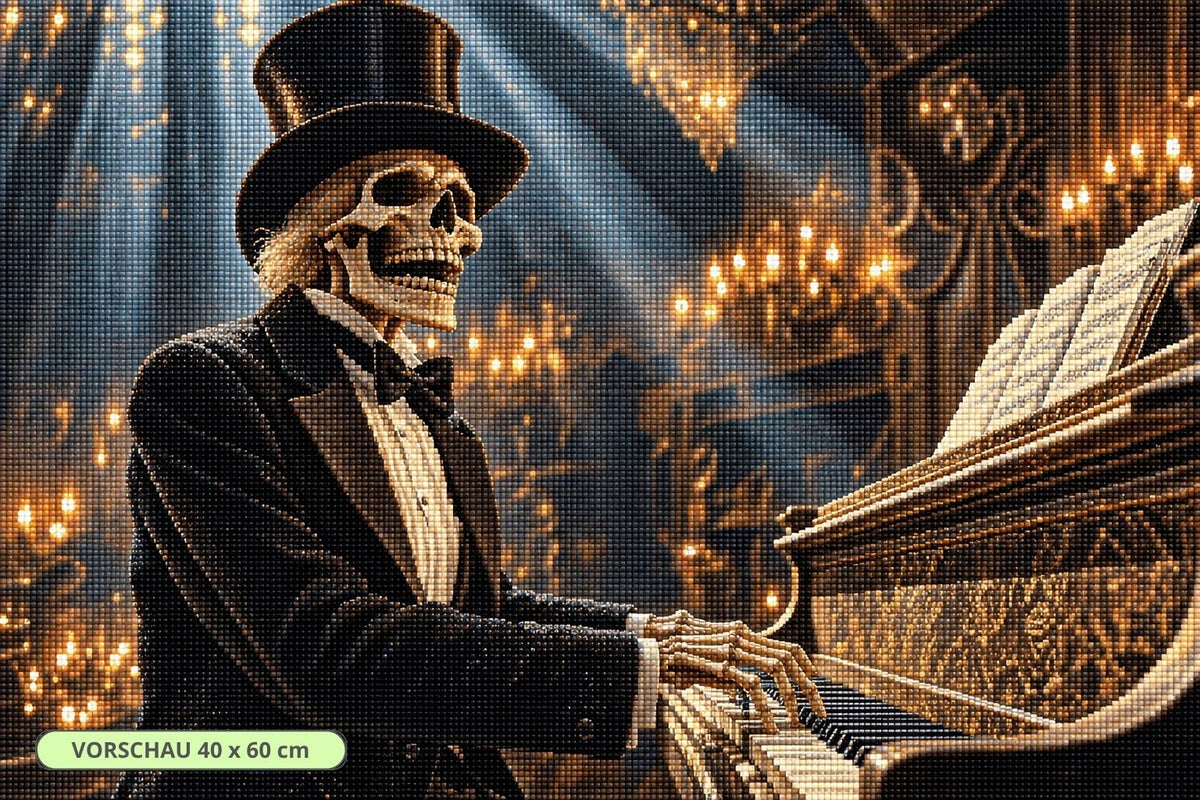 Diamond Painting mit Skelett im Zylinder am Klavier in einem kerzenbeleuchteten viktorianischen Innenraum. Mockup.