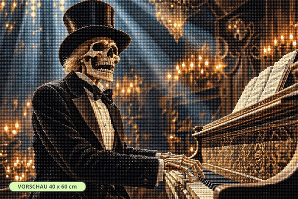 Diamond Painting mit Skelett im Zylinder am Klavier in einem kerzenbeleuchteten viktorianischen Innenraum. Mockup.