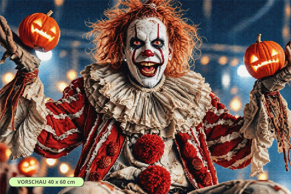Diamond Painting mit gruseligem Clown in rotem Kostüm zwischen leuchtenden Halloween-Kürbissen. Mockup.