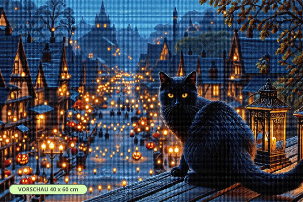 Diamond Painting mit schwarzer Hexenkatze und leuchtenden Augen über einer beleuchteten Halloween-Stadt. Mockup.