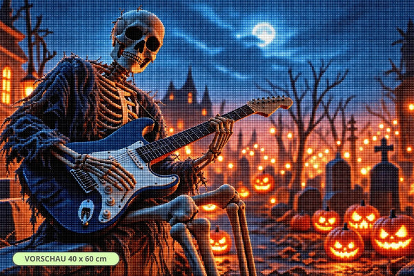 Diamond Painting mit Skelett und E-Gitarre zwischen Grabsteinen und leuchtenden Halloween-Kürbissen. Mockup.