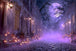 Diamond Painting mit Halloween-Gasse, Kürbislaternen, violettem Nebel und historischen Häuserfassaden bei Nacht.