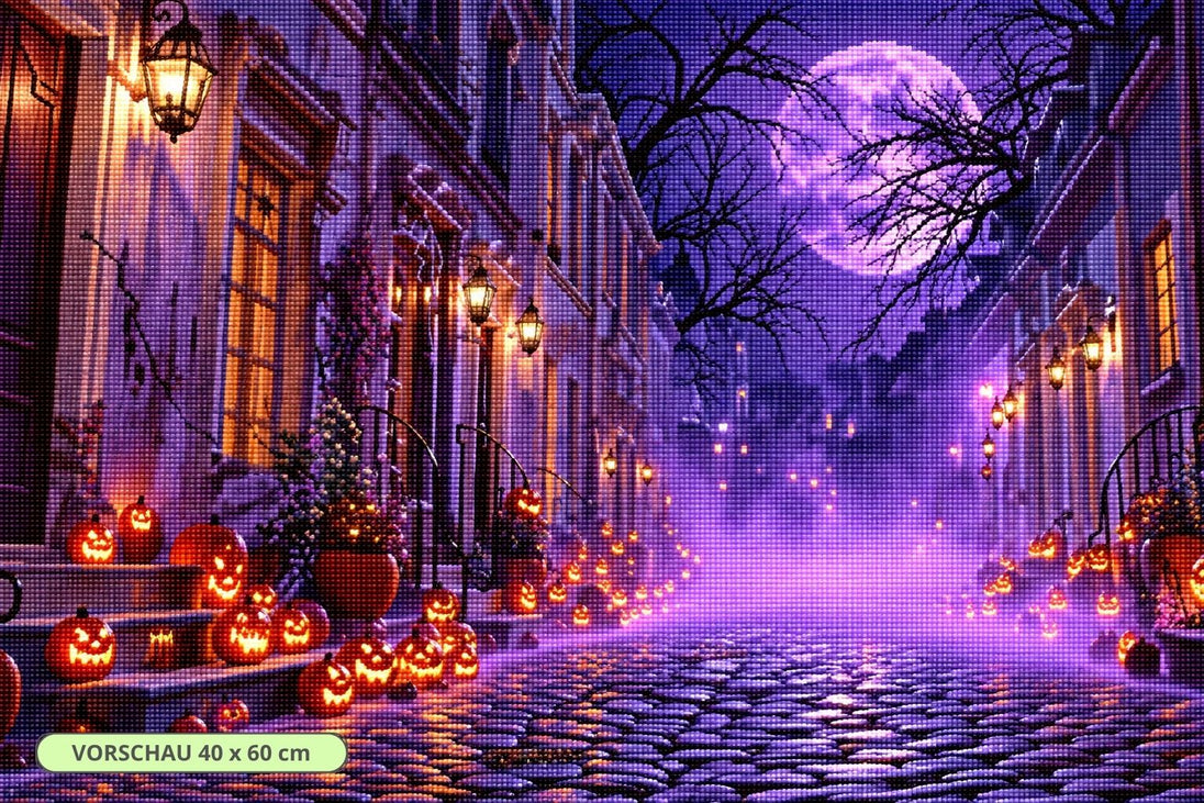 Diamond Painting mit Halloween-Gasse, Kürbislaternen, violettem Nebel und historischen Häuserfassaden bei Nacht. Mockup.