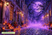Diamond Painting mit Halloween-Gasse, Kürbislaternen, violettem Nebel und historischen Häuserfassaden bei Nacht. Mockup.