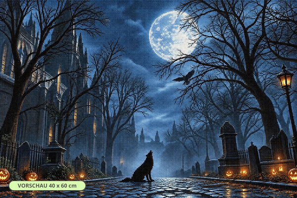 Diamond Painting mit schwarzem Wolf auf Friedhofsallee unter großem Vollmond und zwischen Kürbislaternen. Mockup.