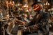 Diamond Painting mit Kürbiskopf am Klavier, schwarzem Zylinder, Kerzen und warmem Halloween-Licht.