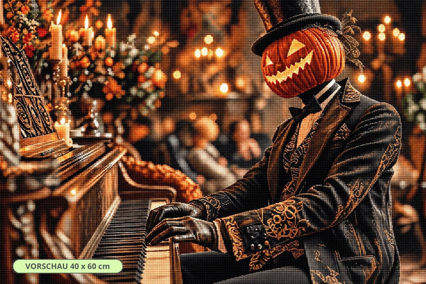 Diamond Painting mit Kürbiskopf am Klavier, schwarzem Zylinder, Kerzen und warmem Halloween-Licht. Mockup.