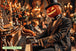 Diamond Painting mit Kürbiskopf am Klavier, schwarzem Zylinder, Kerzen und warmem Halloween-Licht. Mockup.