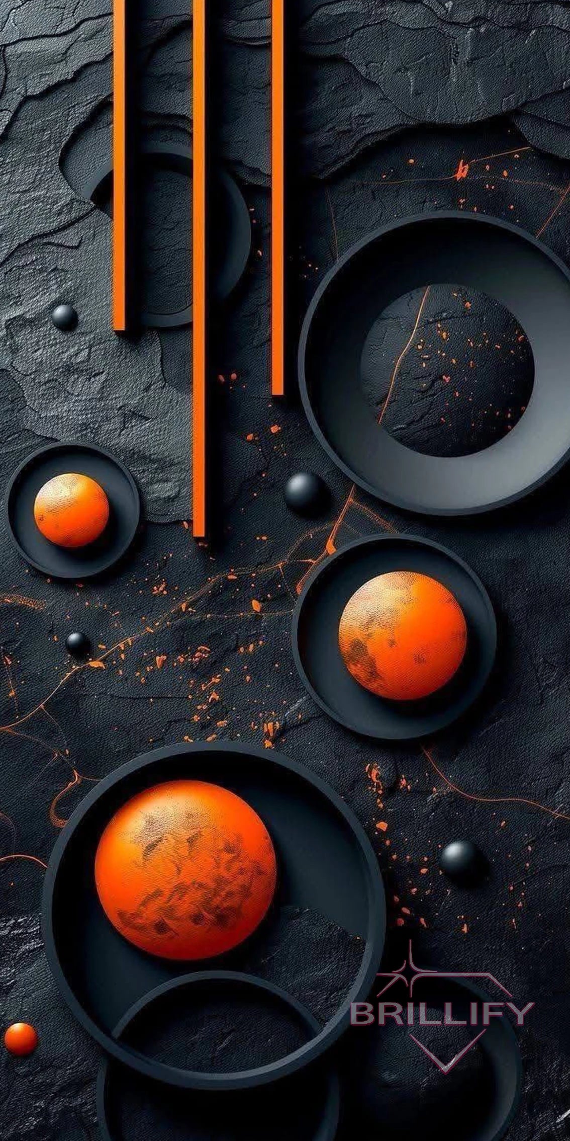Diamond Painting Abstrakt Geometrische orangefarbene Kugeln auf schwarzer Steinstruktur Schiefer