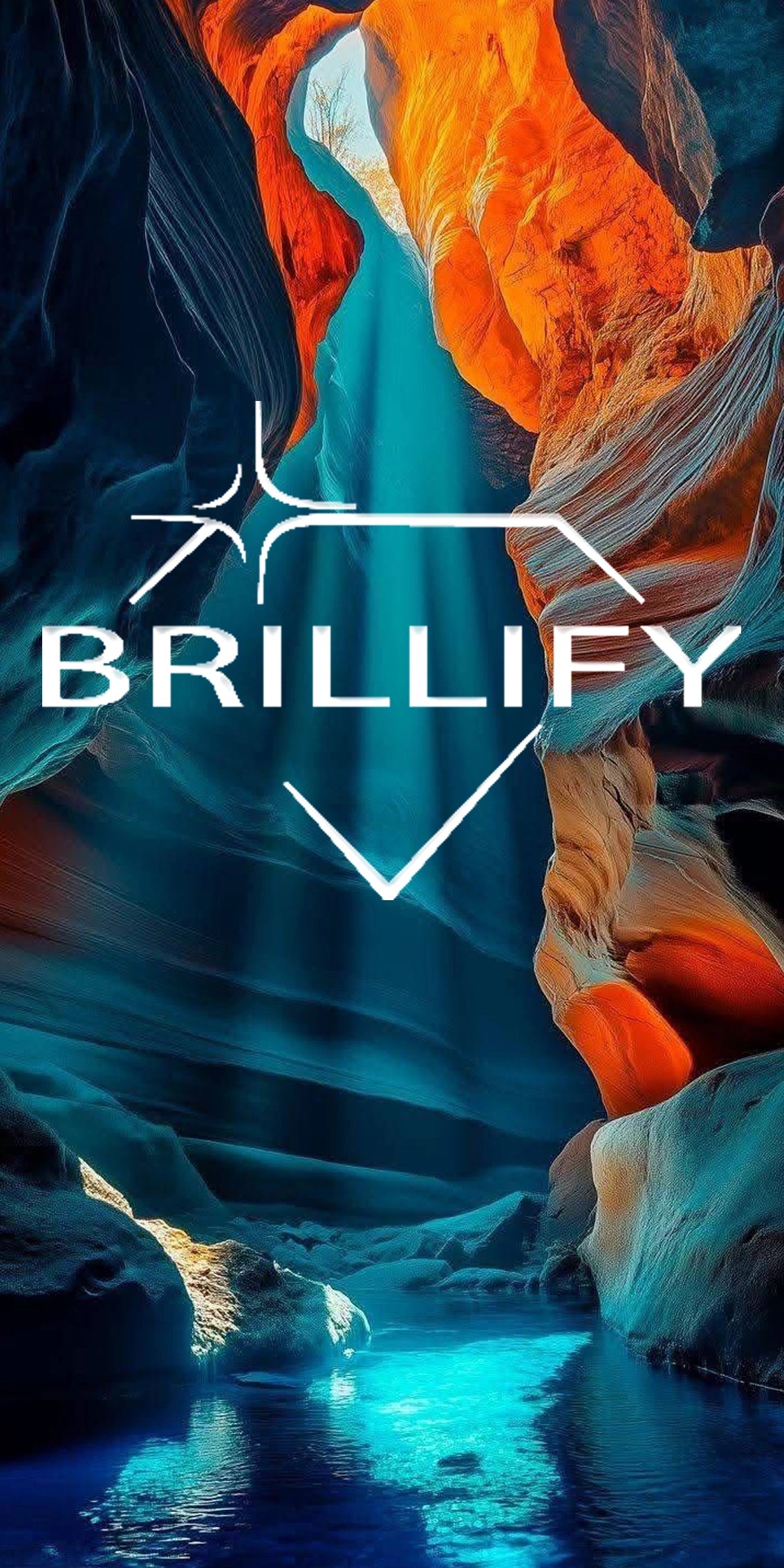 Diamond Painting Motiv enger Felscanyon mit Wasserfall und Sonnenstrahl, Farbwelt Türkis, Sandstein-Orange, Goldlicht