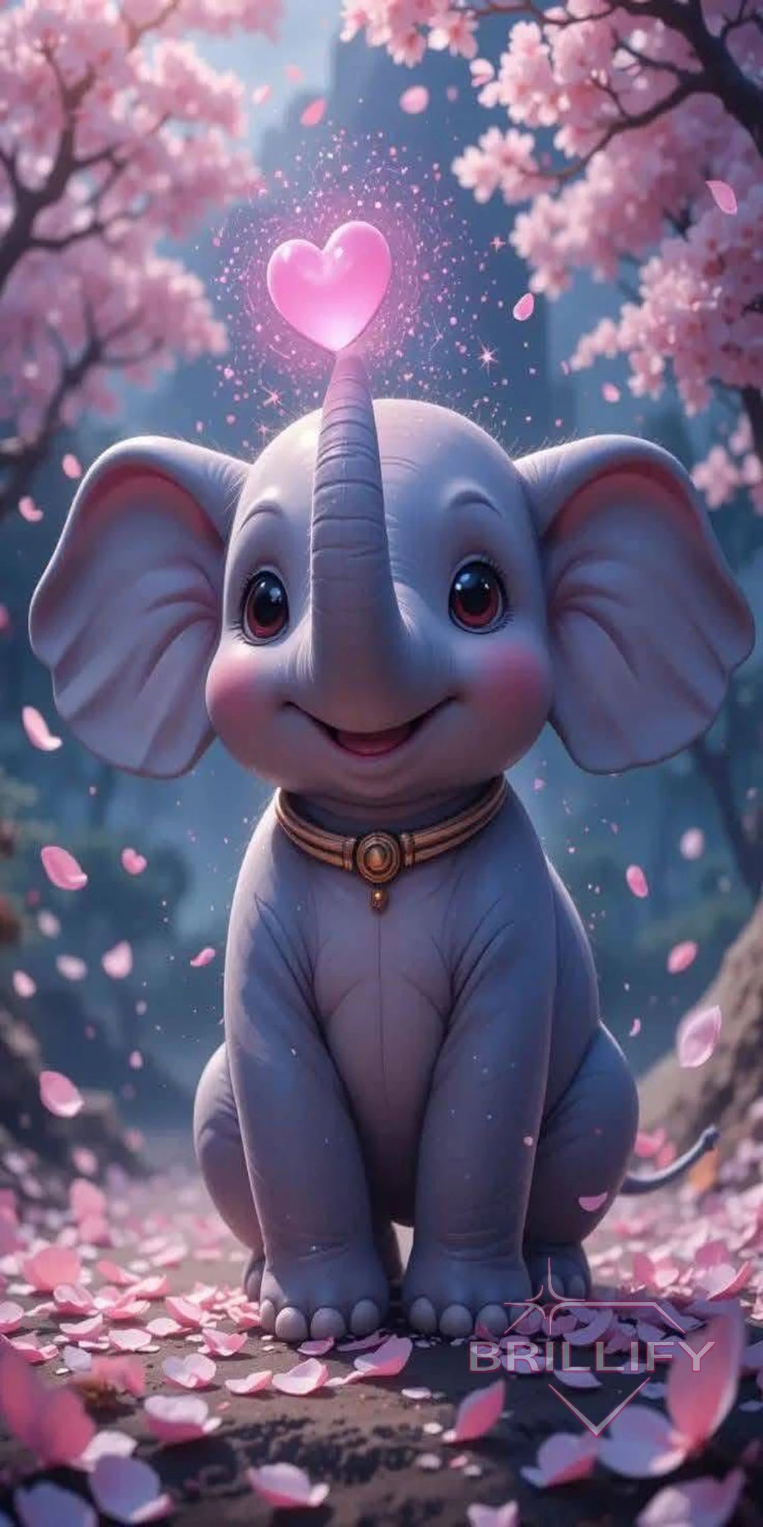 Diamond painting motif of a small baby elephant with a pink heart on its trunk and cherry blossoms, color scheme pastel pink, light blue, cream, delicate blossoms 