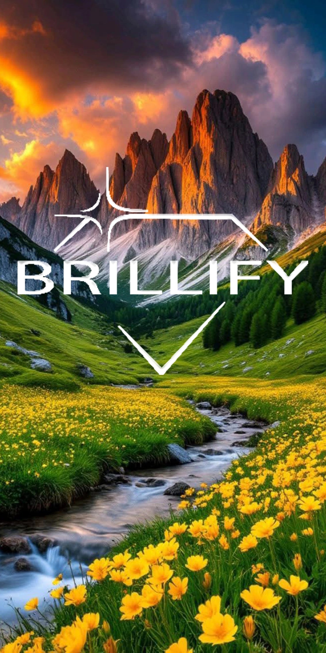 Diamond Painting Motiv Berglandschaft mit Fluss und gelben Wildblumen, Farbwelt Blaugrün, Himmelblau, Sonnengelb, Weiß