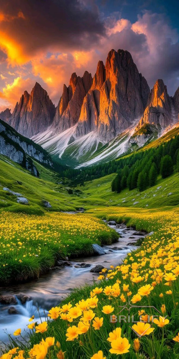 Diamond Painting Landschaften Gebirgsbach in einem grünen Tal mit gelben Blumen