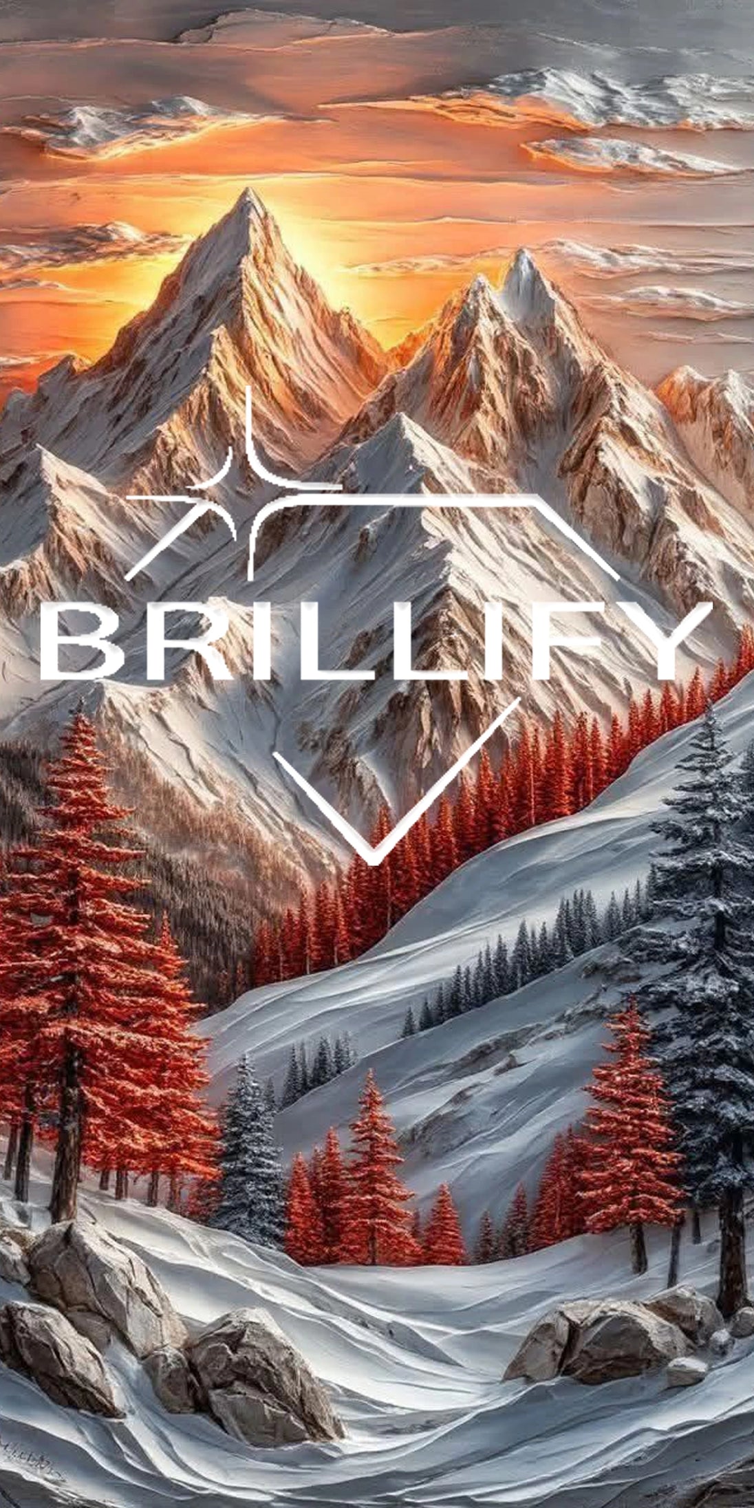 Diamond Painting Motiv verschneite Berge mit roten Bäumen, Farbwelt Eisblau, Weiß, Rot, Grau