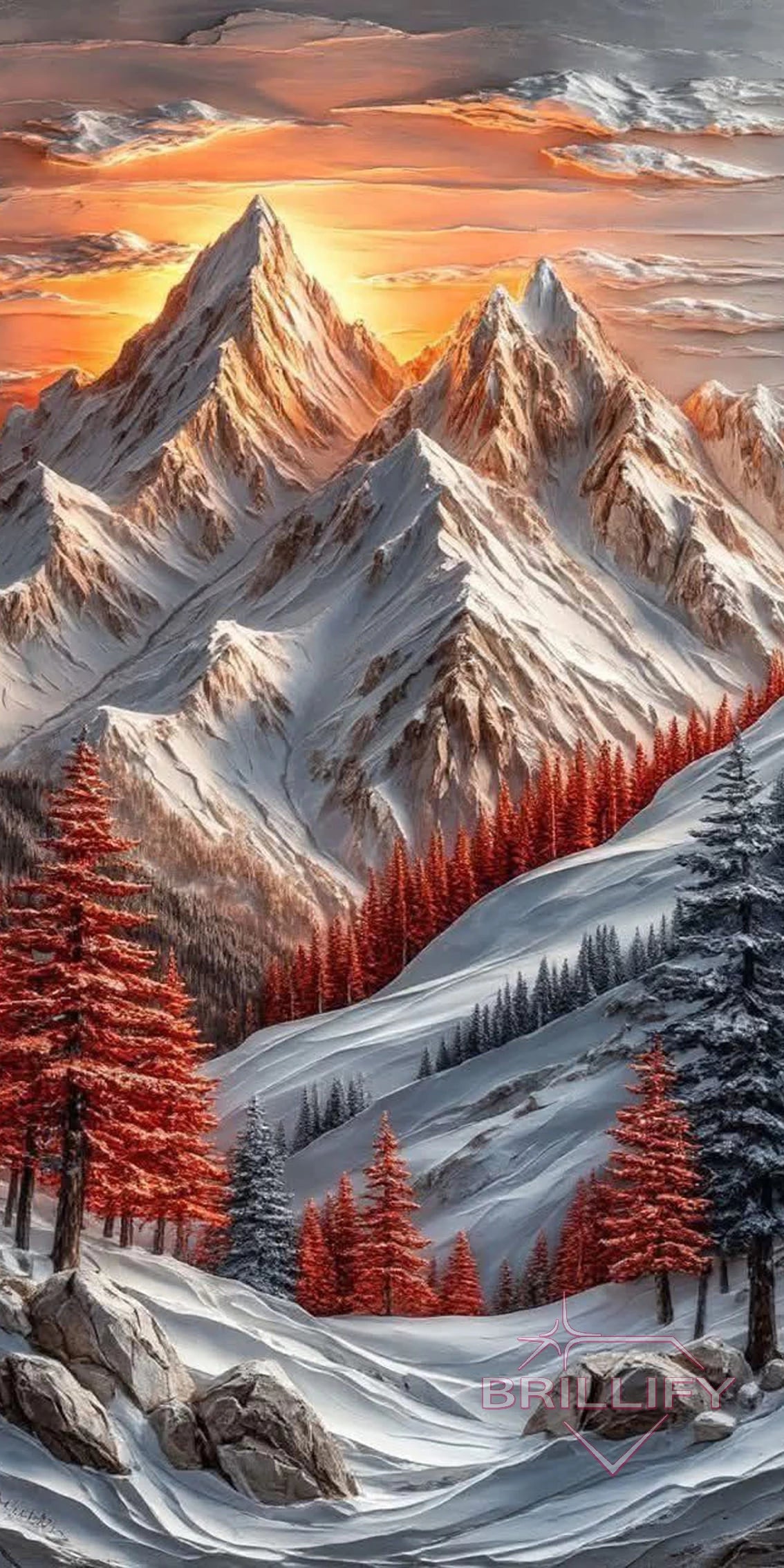 Diamond Painting Motiv verschneite Berge mit roten Tannen, Farbwelt Eisblau, Weiß, Rot, Grau