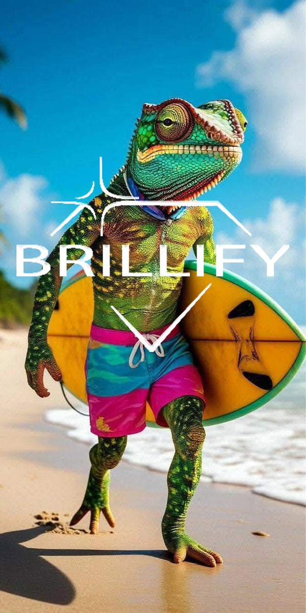 Diamond Painting Motiv Chamäleon mit Surfbrett am Meer, Farbwelt Grün, Türkis, Koralle, Sand