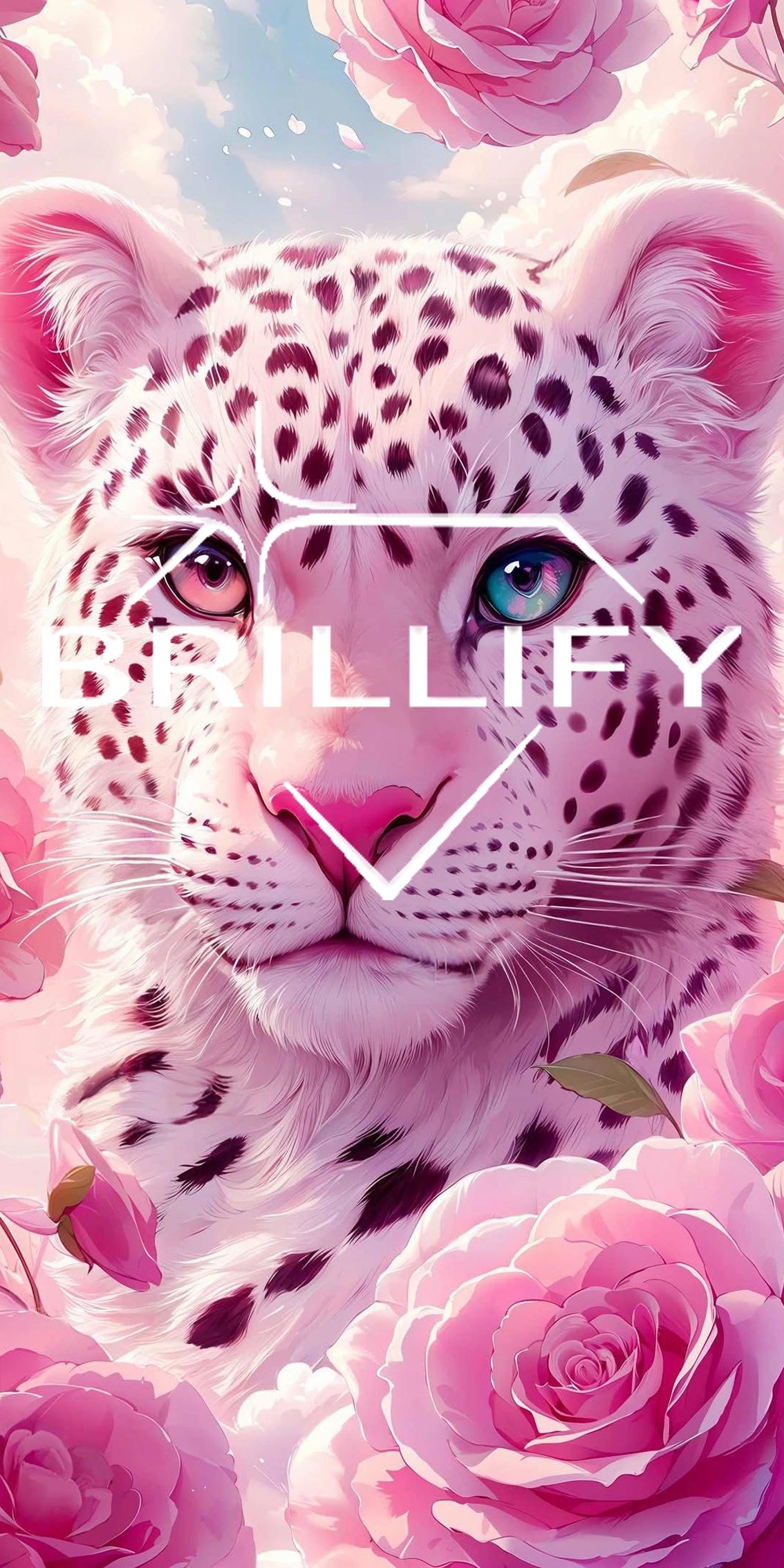 Diamond Painting Motiv rosa Leopard im Blumenrahmen, Farbwelt Pink, Magenta, Schwarz