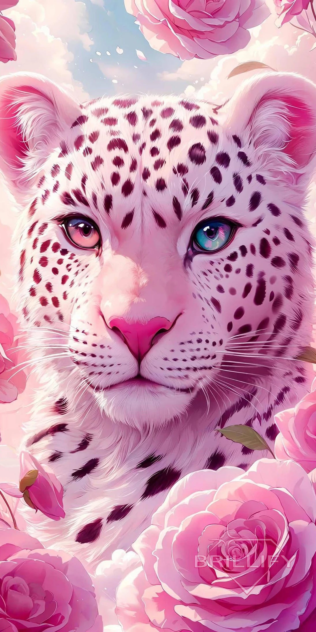 Diamond Painting Motiv rosa Leopard im Blumenrahmen, Farbwelt Pink, Magenta, Schwarz