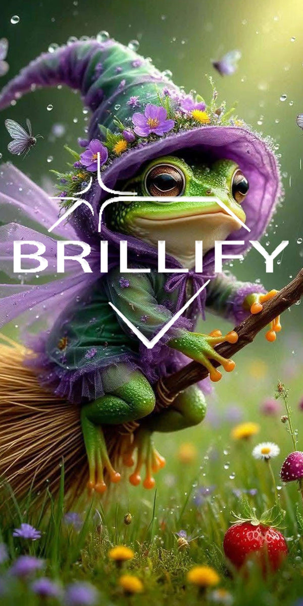 Diamond Painting Motiv Frosch-Magier mit Stab und Pilzen, Farbwelt Grün, Braun, Violett, Gold