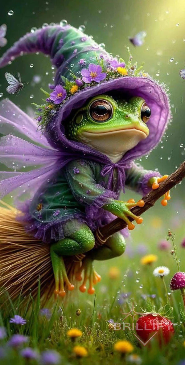 Diamond painting motif: Frog magician with staff and mushrooms, color scheme: green, brown, violet, gold