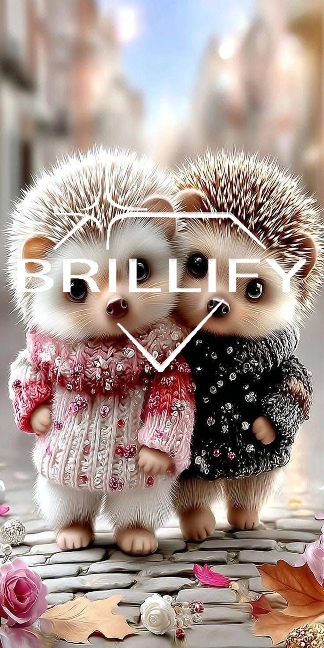 Diamond Painting Motiv zwei Igel in Winterpullovern, Farbwelt Braun, Beige, Rot, Blau