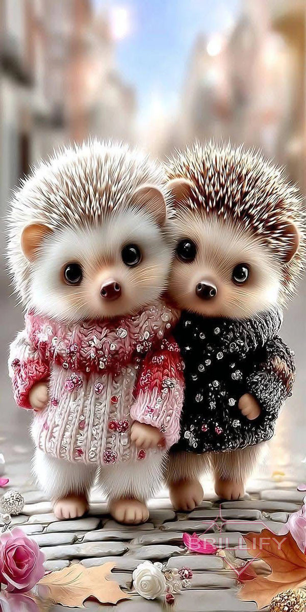 Diamond Painting Motiv zwei Igel in Winter-Strickpullovern auf herbstlichem  Weg, Farbwelt Braun, Beige, Rot, Blau