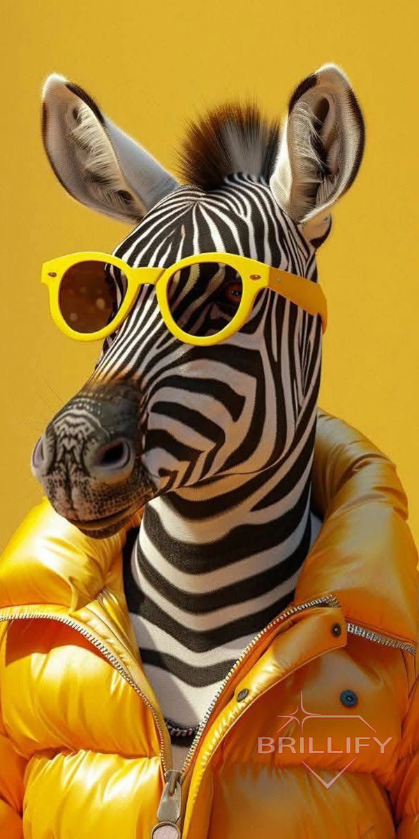 Diamond Painting Motiv Zebra Streetstyle mit  Daunenjacke, und Sonnenbrille, Farbwelt Schwarzweiß, Gelb, Türkis