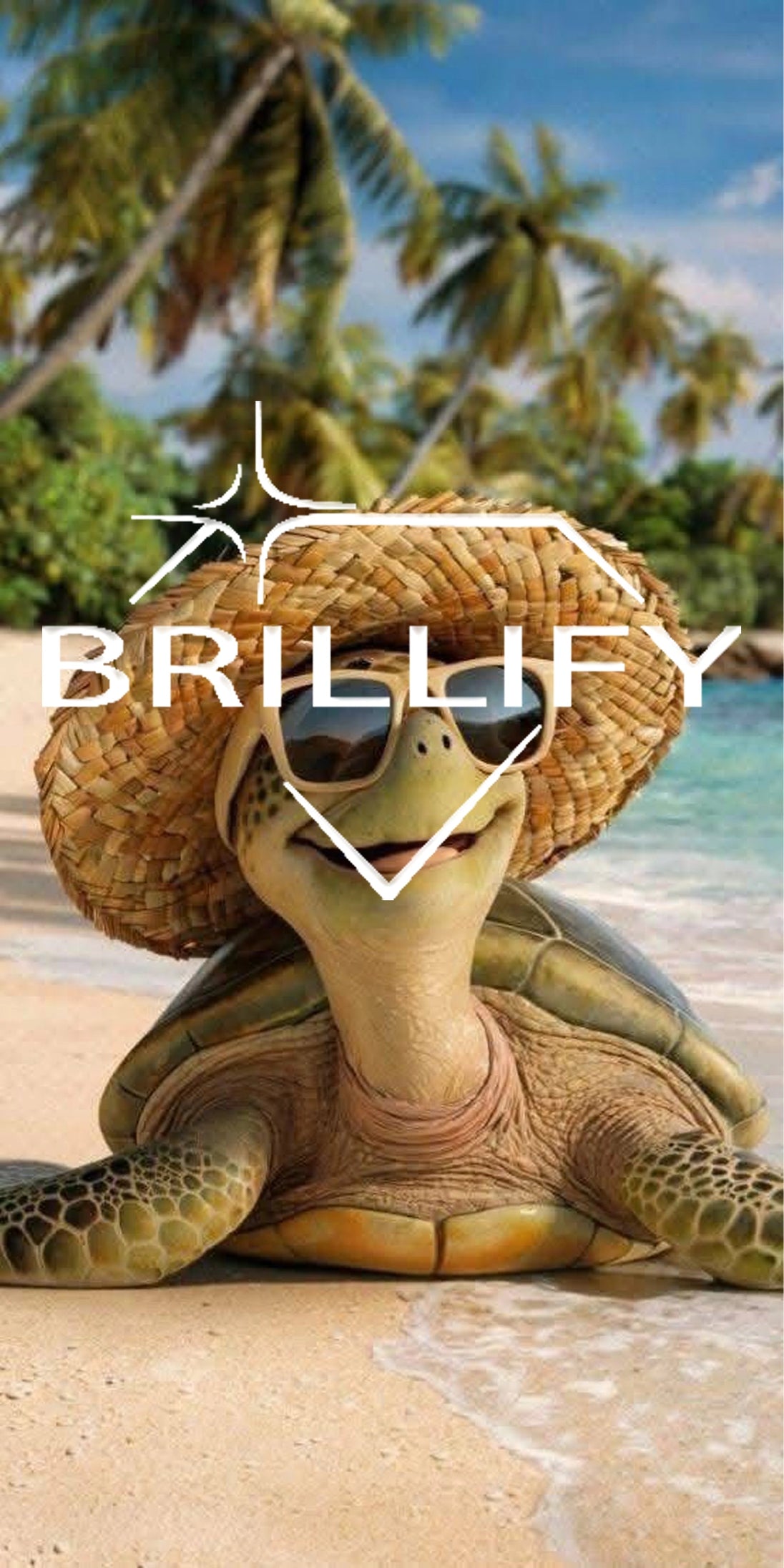 Diamond Painting Motiv Schildkröte mit Strohhut und Sonnenbrille am Strand, Farbwelt Türkis, Sand, Gelb, Grün