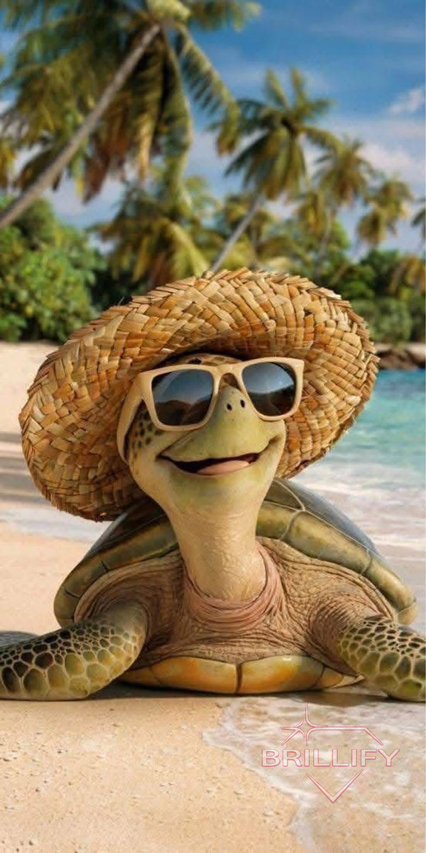 Diamond Painting Motiv Schildkröte mit Strohhut und Sonnenbrille am tropischen Strand, Farbwelt Türkis, Sand, Gelb, Grün