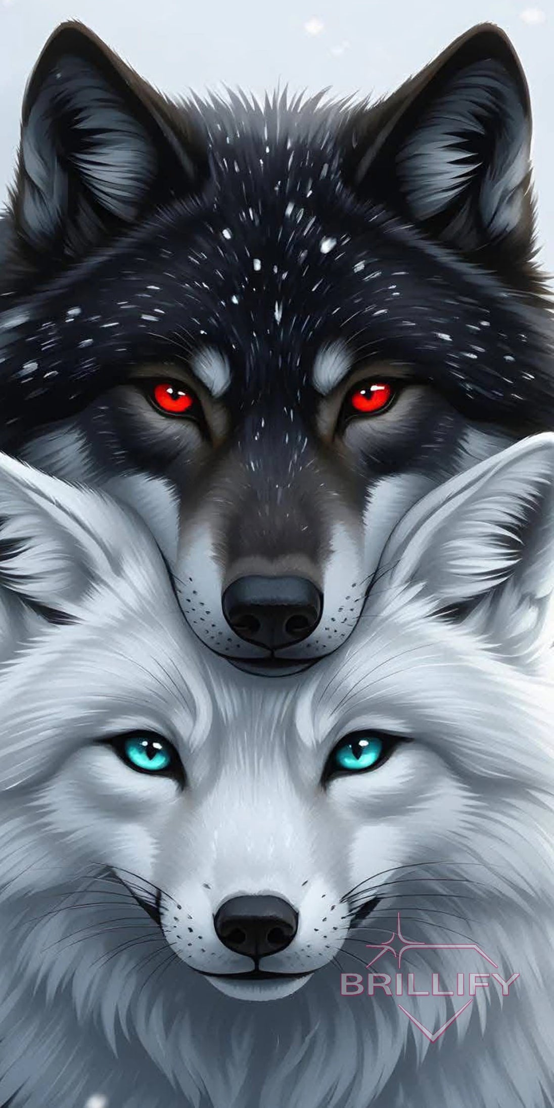Diamond painting motif of a black and white wolf duo, color scheme black, white, silver, turquoise