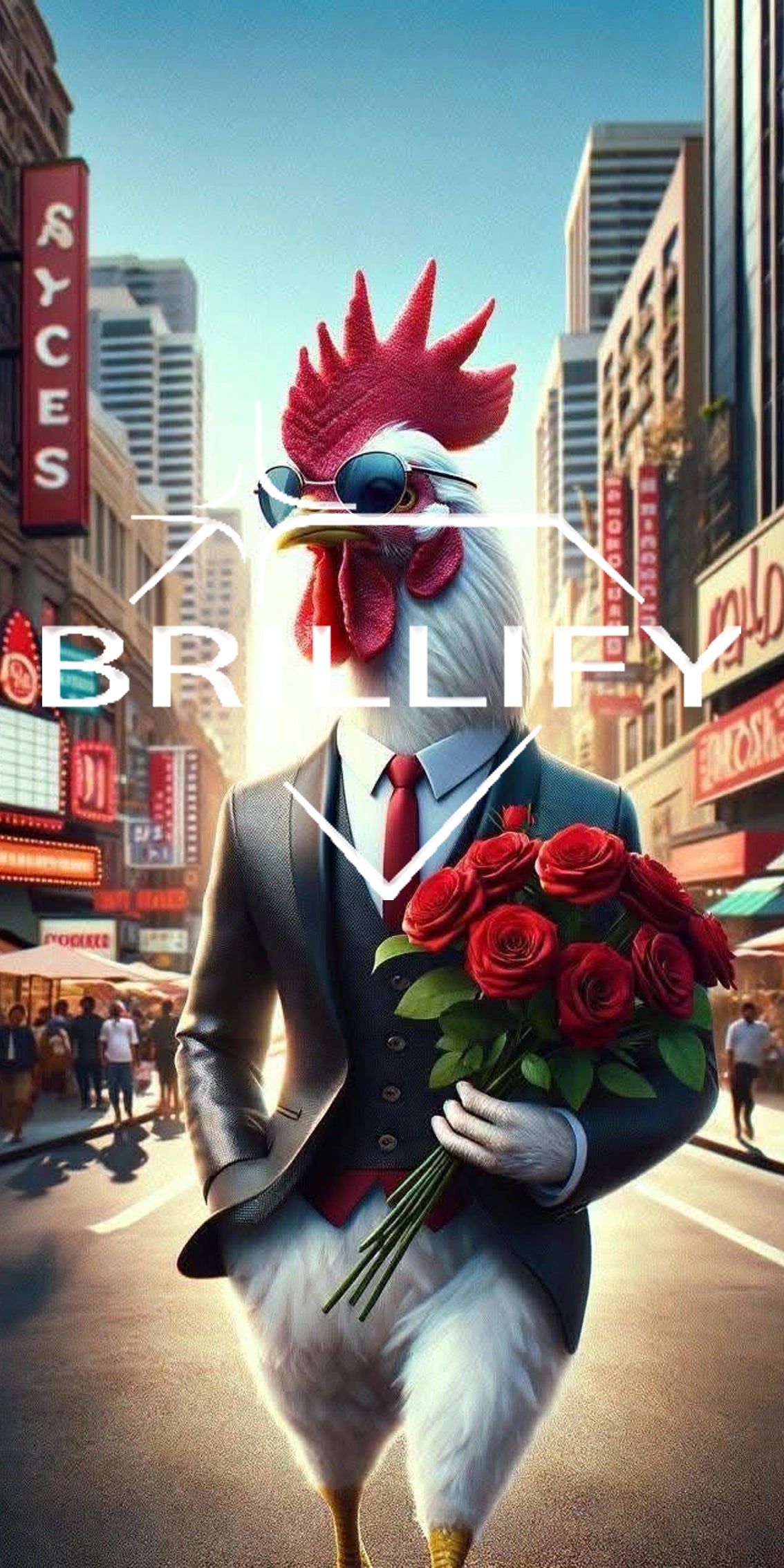 Diamond Painting Motiv Hahn im Anzug mit Rosen vor Stadtkulisse, Farbwelt Rot, Schwarz, Grau