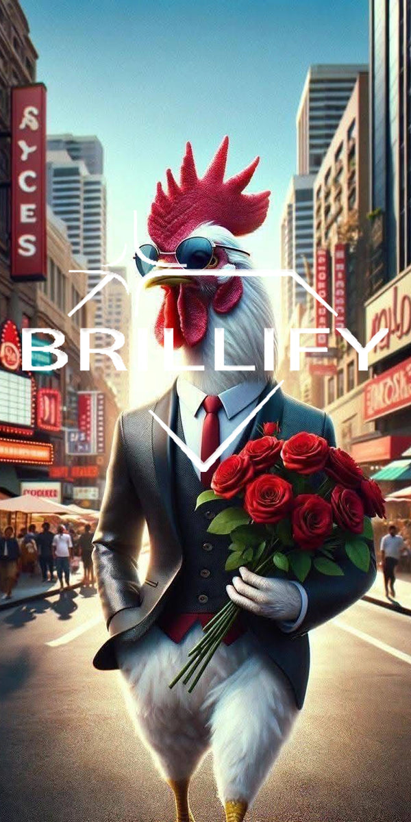 Diamond Painting Motiv Hahn im Anzug mit Rosen vor Stadtkulisse, Farbwelt Rot, Schwarz, Grau