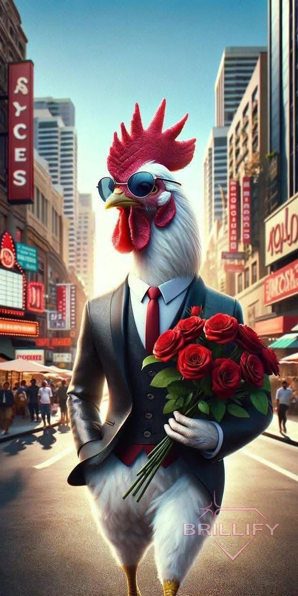 Diamond Painting Motiv Hahn im Anzug mit Rosen vor Stadtkulisse, Farbwelt Rot, Schwarz, Grau