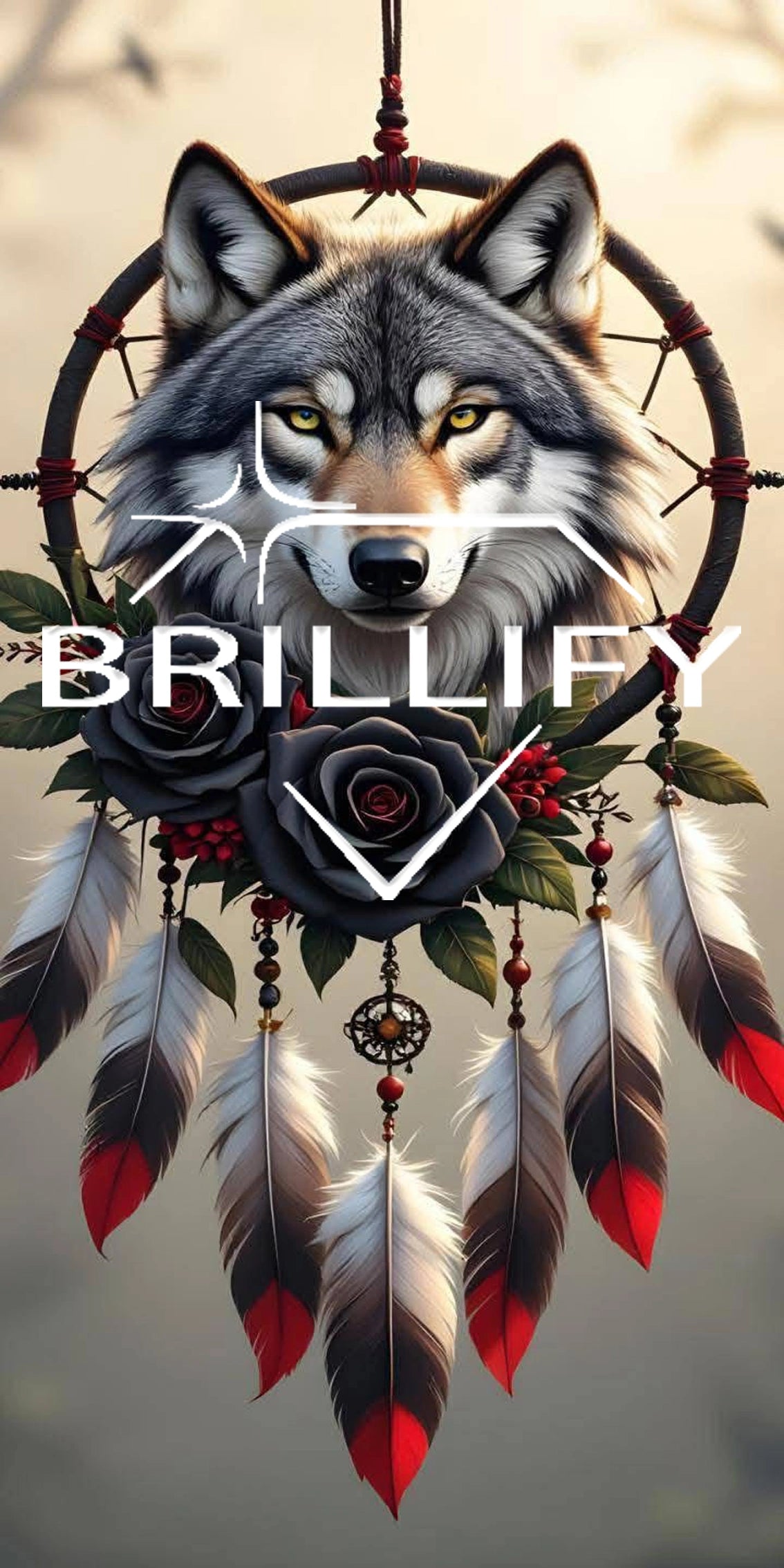 Diamond Painting Motiv Wolfkopf mit Traumfänger und Rosen, Farbwelt Schwarz, Grau, Türkis, Rot