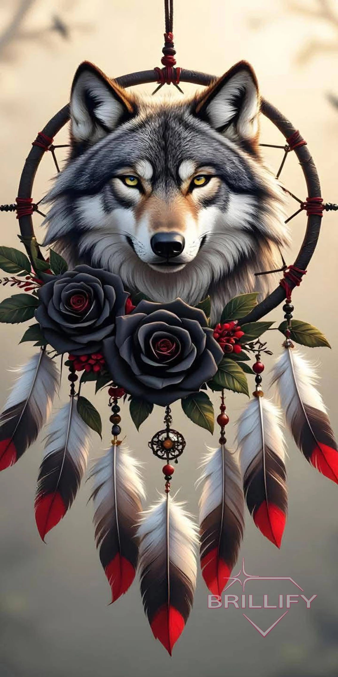 Diamond Painting Motiv Wolfkopf im Traumfänger mit schwarzen Rosen, Farbwelt Schwarz, Grau, Rot