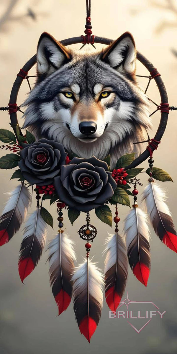 Diamond Painting Motiv Wolfkopf im Traumfänger mit schwarzen Rosen, Farbwelt Schwarz, Grau, Rot